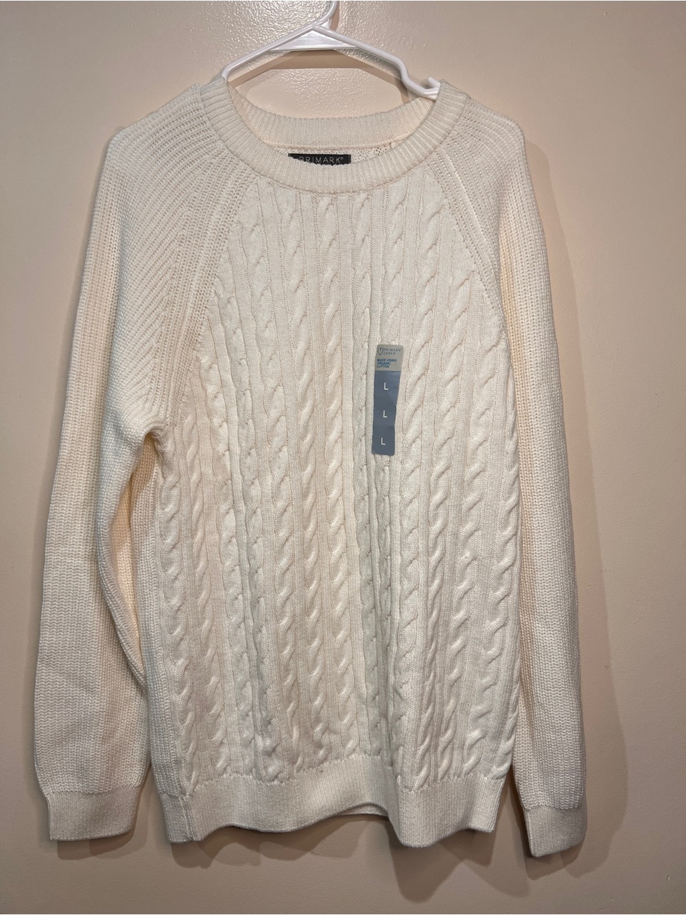 Primark Women’s Large Ivory Cable Knit Crew Neck Sweater Organic Cotton NWT